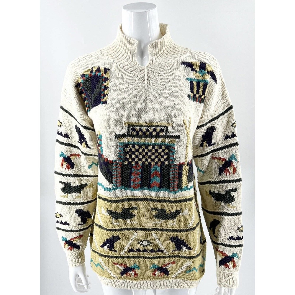 VTG Segrets Sun Print Sweater Sz L Cream Aztec Southwestern Print Hand Knitted